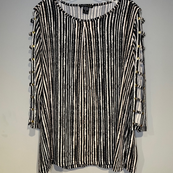 Robert Louis Tunic Slit Arms Size L Top Gold Accents Easy Care Black Brown - Picture 1 of 7